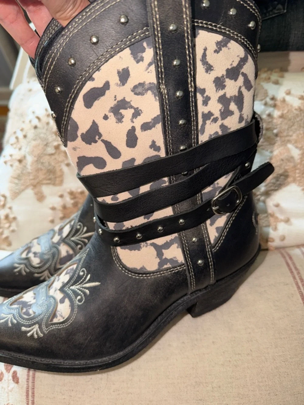 Western-Inspired Black and Cream Ankle Bootie with Buckle Strap